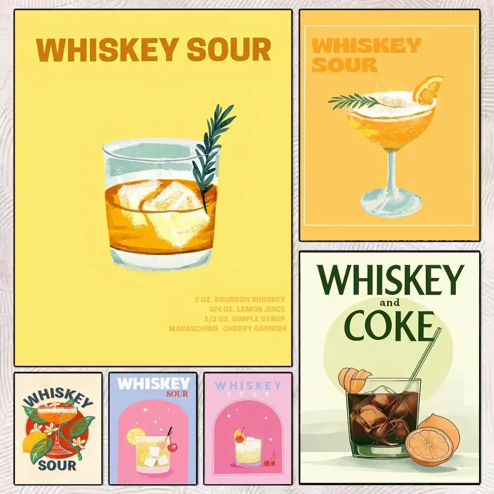 Whiskey Sour Cocktail Painting Calligraphy Premium Cotton Canvas Art Poster for Coffee or House Elegant Wall Decor for Modern