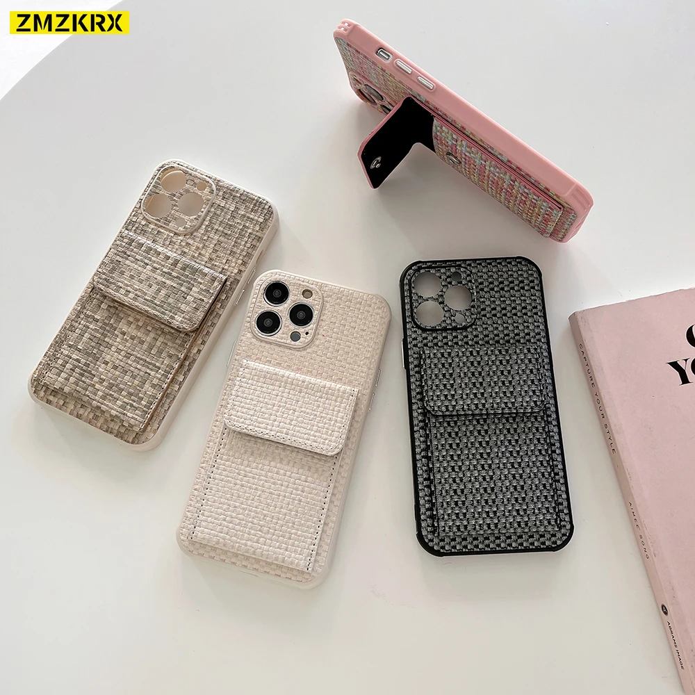 Luxury Card Slot Bag Holder Weave Pattern Case For iPhone 15 13 14 Plus 11 12 Pro Max X XS XR Silicone Shockproof Wallet Cover