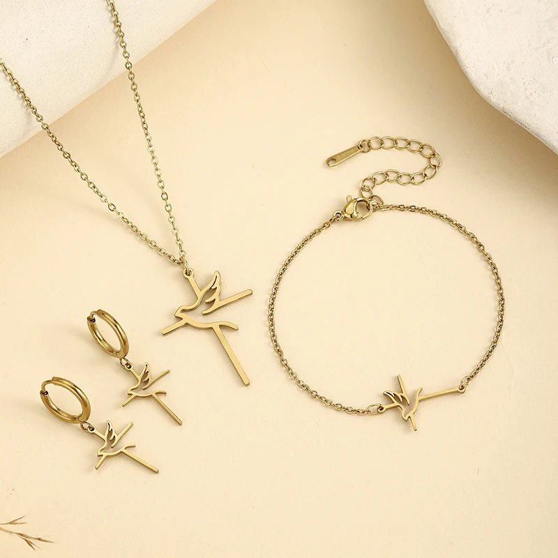4-teiliges Set mit Kreuz- und Friedenstauben-Anhänger-Halskette aus Edelstahl, 18K vergoldet, Gläubigkeits-Schmuckset für Frauen, Geburtstagsfeier
