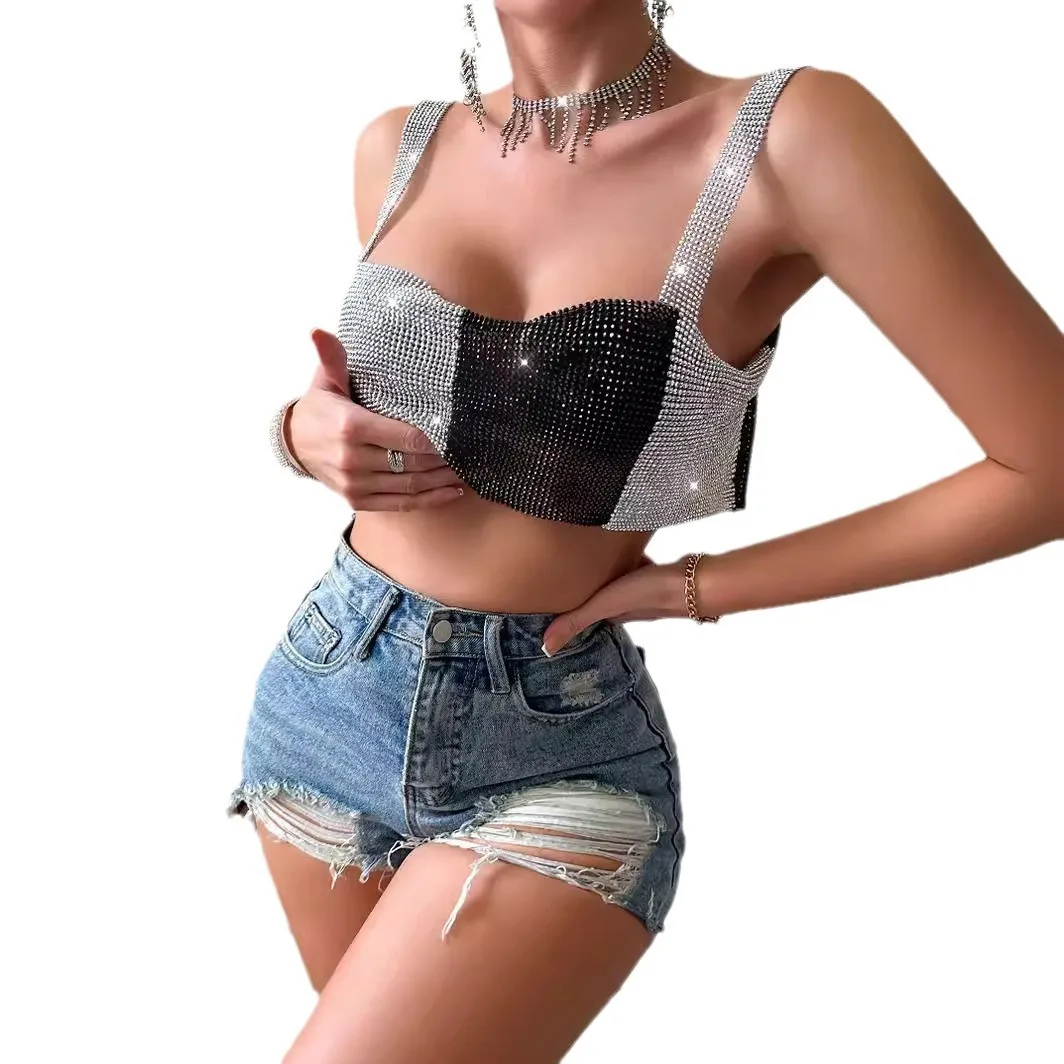 

2024 New Women's Sexy Handmade Splicing Nightclub Flash Diamond Strap Tank Top L21601