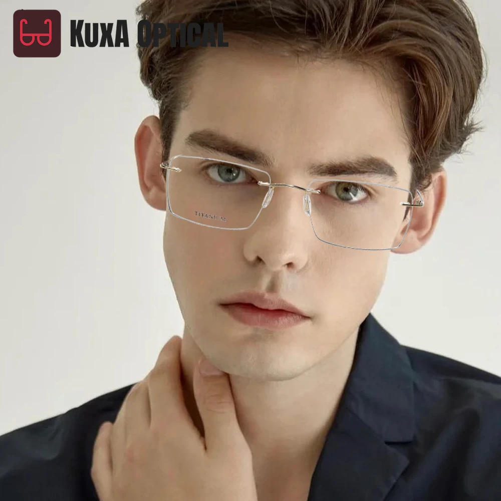 

Pure Titanium Glasses for Mens Rimless Eyeglass Frames Women Radiation Blue Film Luxury Eyeglasses Men's Prescription Glasses +2