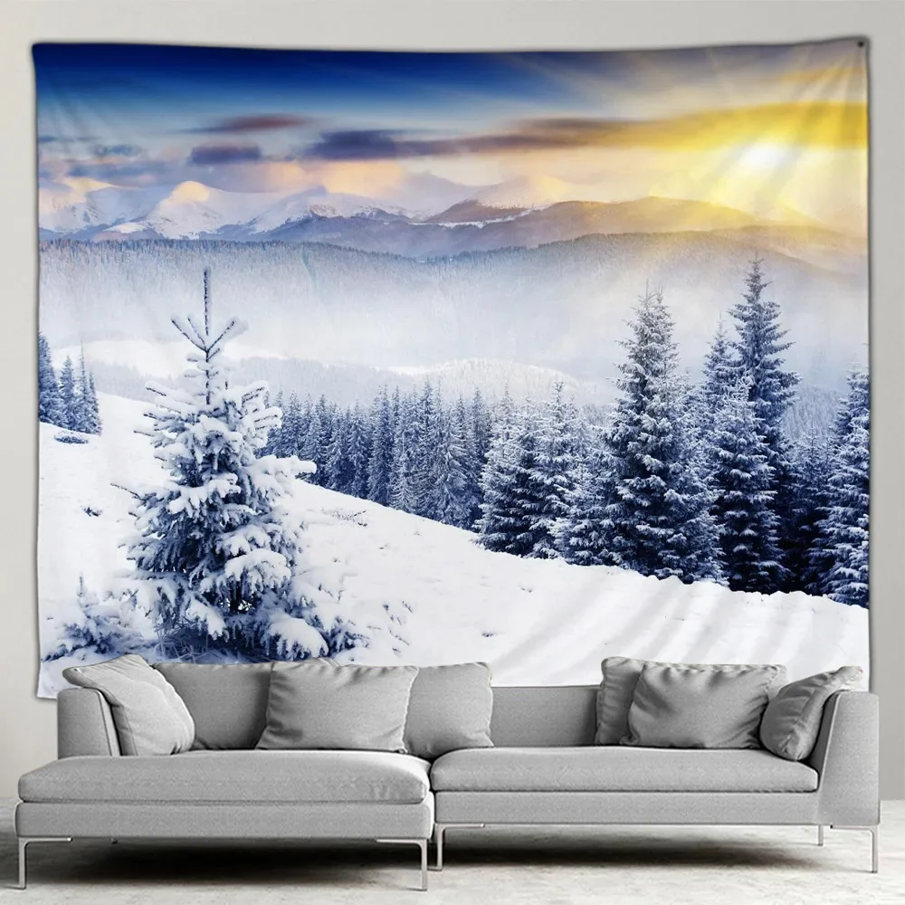 Outdoors Winter Forest Snow Scene Tapestry Wall Hanging Christmas Tree Happy New Year Bedroom Patio Wall Hanging Mural Art Decor