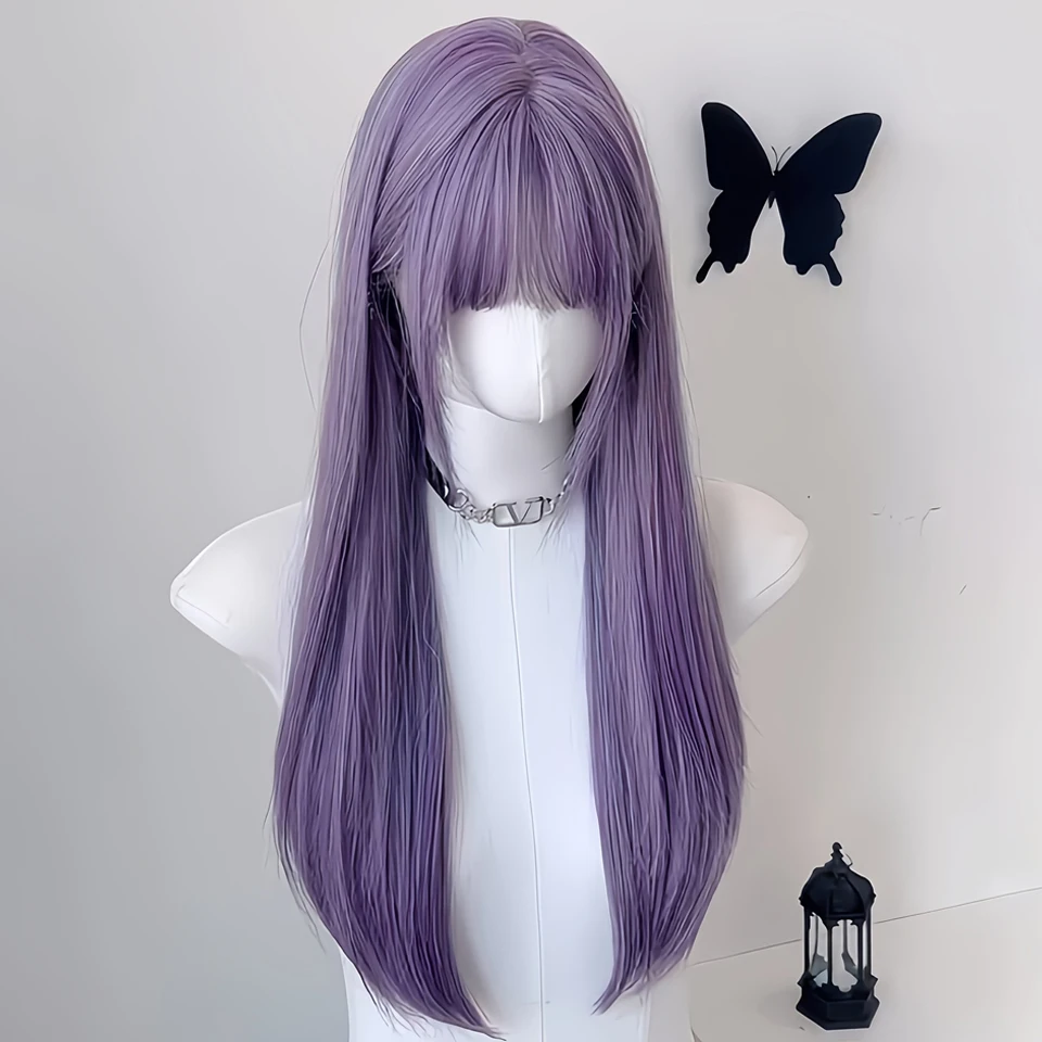 Light Purple Wig Female 26inch Long Straight Hair With Bangs Layered Nature Straight Hair Cosplay Synthetic Wigs Lolita Perruque