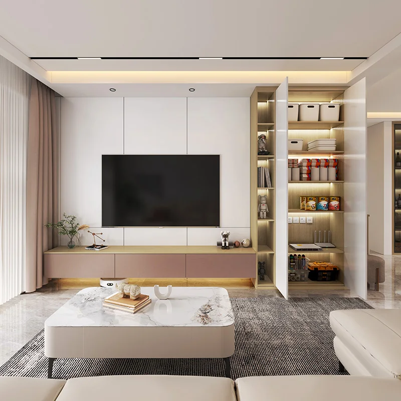 gh- Style Wooden TV Stand with LED Wall Cabinet for TV & Computer Desks Decorative Living Room Wall Storage Home Furniture#