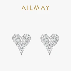 Ailmay Real 925 Sterling Silver Fashion Heart Shape Full Drill Clear CZ Stud Earrings For Women Girls Party Accessories Jewelry