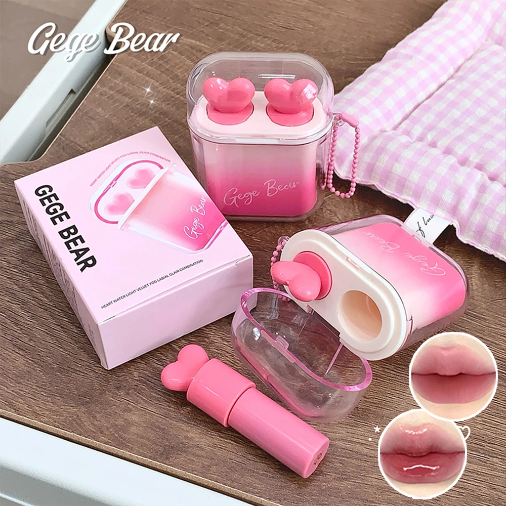 GEGE BEAR-brillo de agua batido en forma de corazón, combinación de esmalte de labios mate de terciopelo, paquete de dos espejos, mate, colgante en forma de auriculares, esmalte de labios