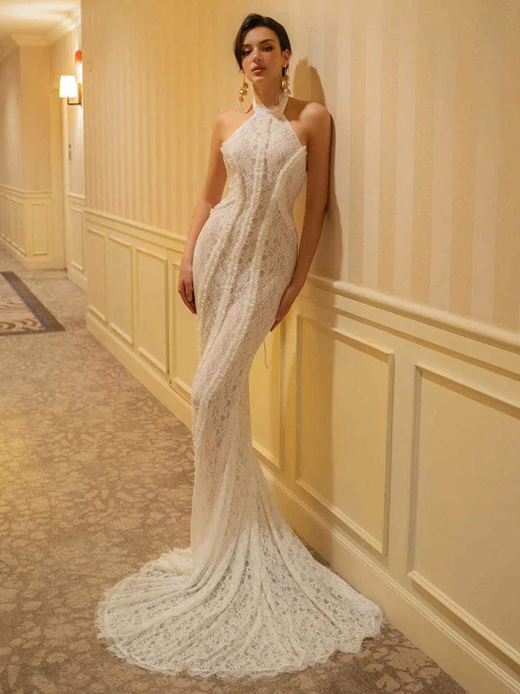 Robe de mariée sirène en dentelle pour femmes, col licou, avec traîne, à lacets, sans manches, robe de demoiselle d'honneur du matin, été