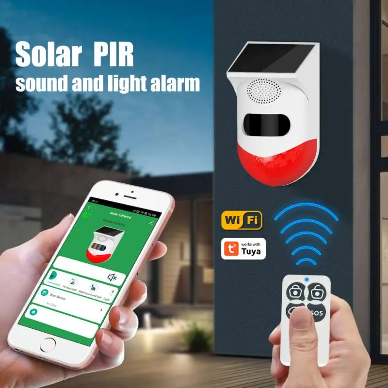 Solar Charging Wifi  Home Alarm System Night Recognition Smart Tuya Pir Infrared Alarm Flash Alarming Waterproof Remote Control