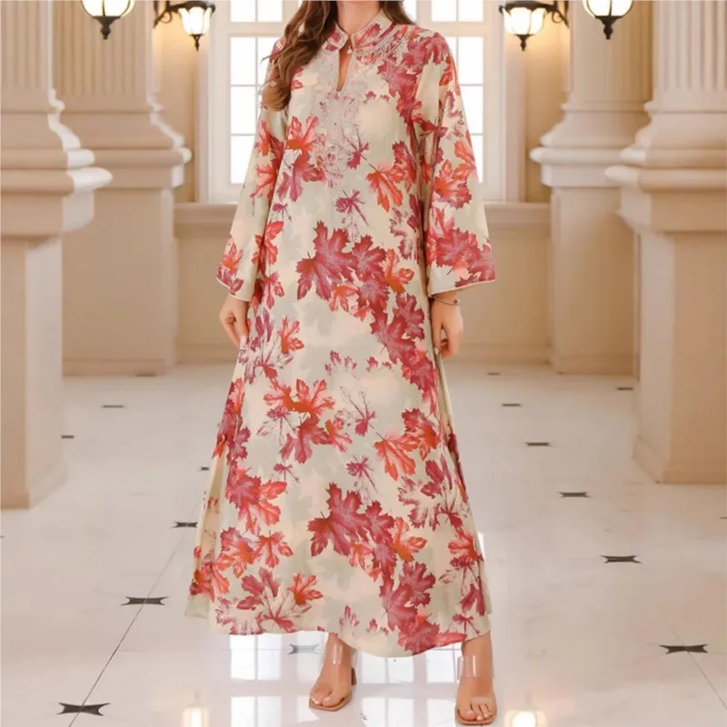 

Eid Muslim Party Women Dress 2026 Summer Long-sleeved V-neck Printed Shirt Dress Casual Loose Autumn Boho Maxi Long Dresses Robe