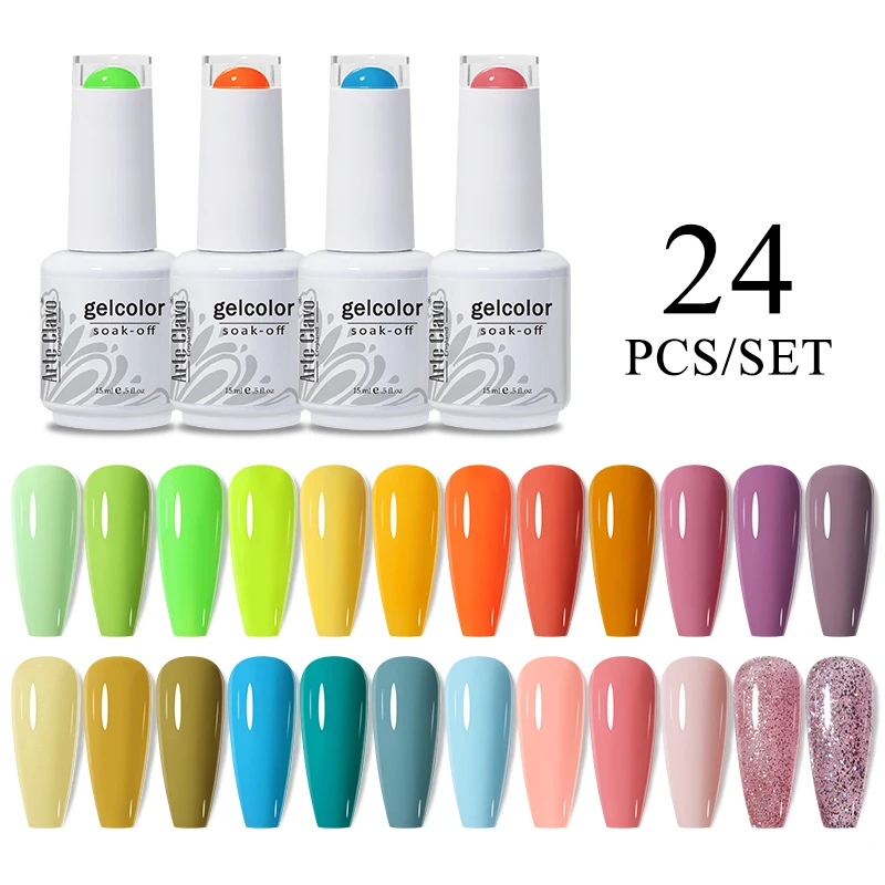 Arte Clavo 15ml 24pcs/Set Pink Red Colors Gel UV LED Gel Varnish Polish Nail Nails Art Soak-Off Kit Semi Permanent Base Top Coat