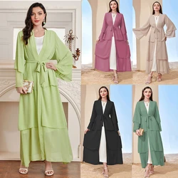 Ramadan Kaftan em camadas abaya frontal aberta, roupas femininas, vestido de manga comprida com cintos, hijab sem hijab