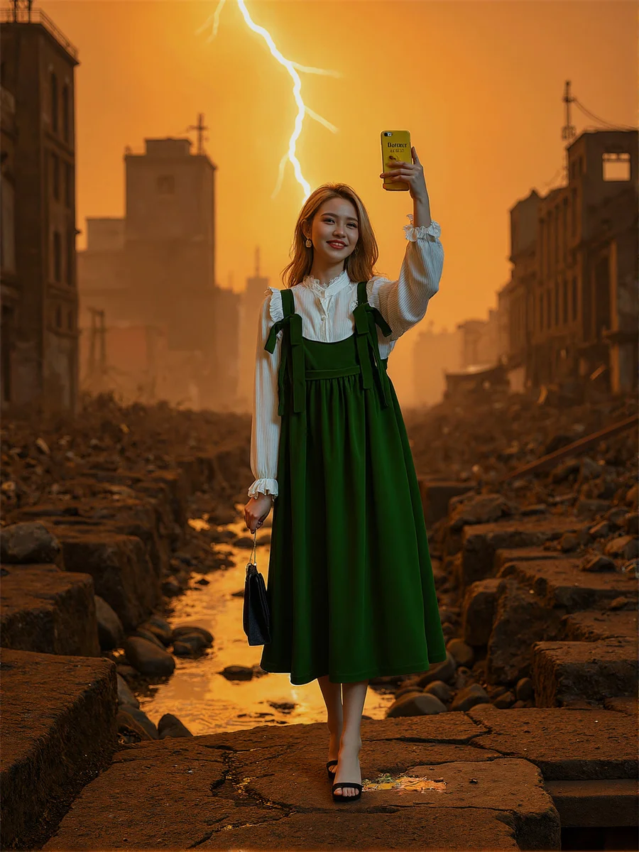 เดรสสีเขียวสำหรับผู้หญิง ความยาวระดับกลางน่อง สายเดี่ยว ยืดหยุ่น ช่วงเอวสม็อค ยืดได้ สวมใส่สบาย ยืดหยุ่น ใส่สบายๆ ง่ายๆ