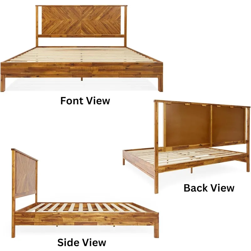 ㎡-Marco de cama de lujo de 14 pulgadas con cabecero, estilo rústico y escandinavo con madera de Acacia maciza, No necesita resorte de caja