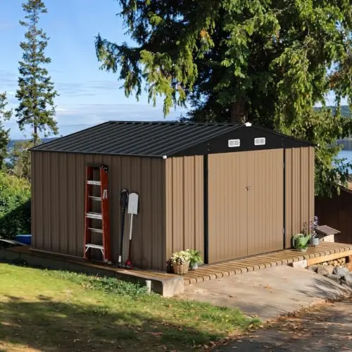 10x10 FT Outdoor Storage Shed, Brown | Metal Tool Sheds, Lockable Door, Sloping Roof, Utility Garden Shed for Lawn view 3
