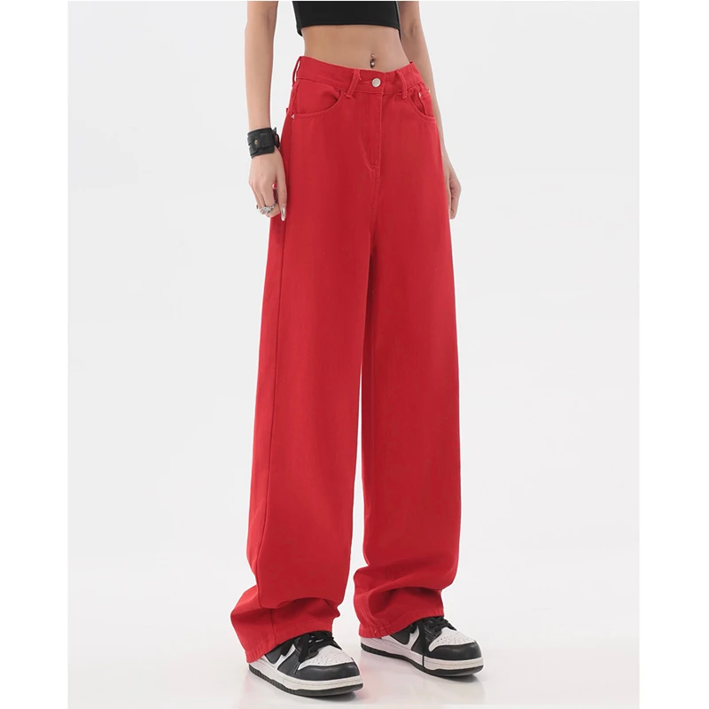 Women's Clothing Red Jeans Vintage Casual Straight Self Cultivation Wide Leg Pants High Waist Baggy Denim Trouser Ladies Summer