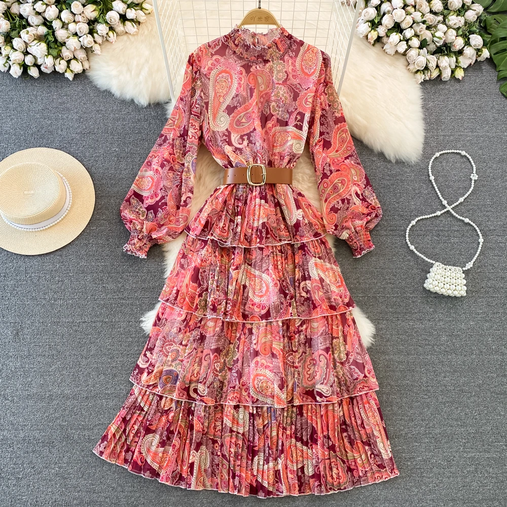 New Spring Autumn Women Printed Ruffle Long Dress Vintage Stand Collar Lantern Sleeve High Waist A Line Elegant Party Vestidos