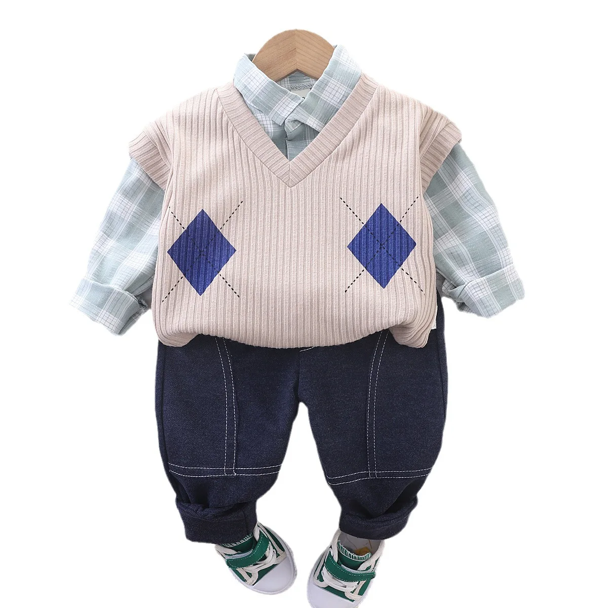 

Toddler Boys Fall Outfits 2023 Cute Childrens Diamond Sleeveless Vest Plaid Long Sleeved Shirt Pants Set Baby Boy Infant Clothes