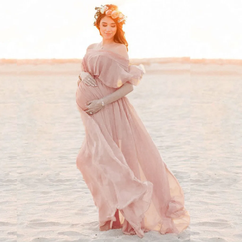 

Maternity Dress Women Solid Color Short Sleeve Ruffles Props Dress Pregnants Photography Maternities Party Temperament Outfits