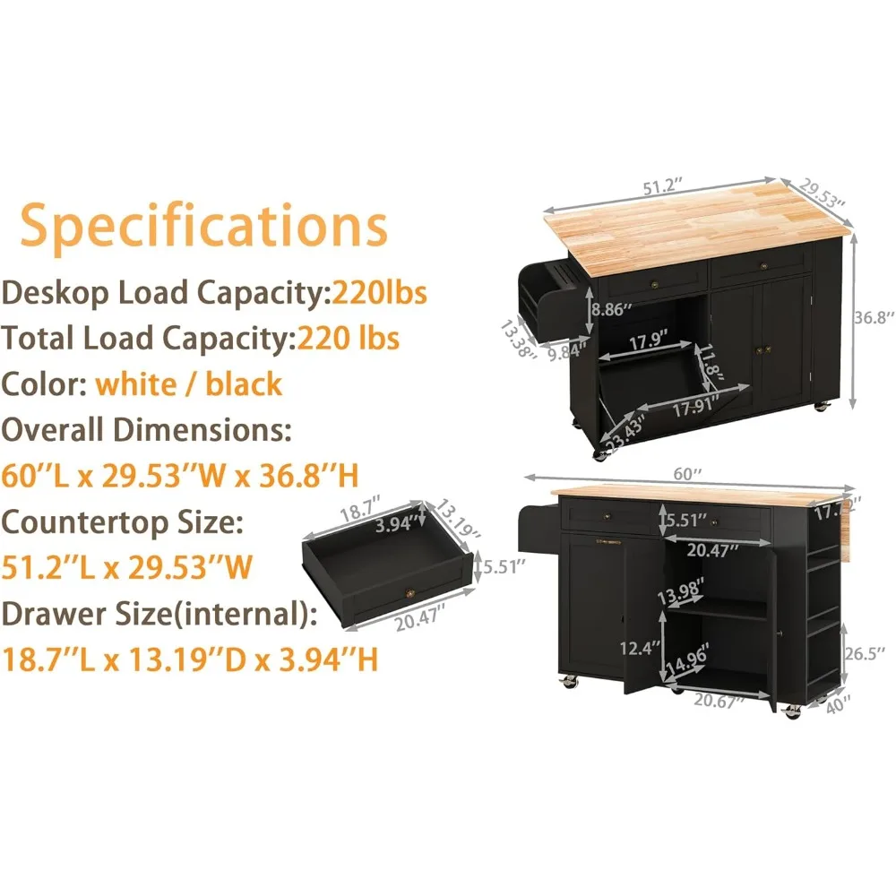 Тележка для кухонного острова с откидным листом, хранилищем, наклонным мусорным баком и держателем для ножей — универсальный стол на колесиках для эффективного приготовления пищи
