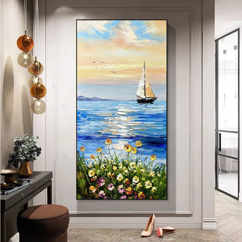 Wall Art Hand-Painted Seascape On Canvas Wall Decor Sunrise by The Sea Oil Paintings Handmade Modern Home Decor For Living Room