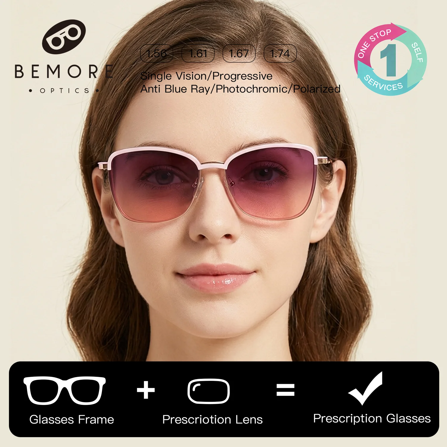 

BEMORE Square Clip on Prescription Glasses for Woman Ultralight Metal Blue Light Blocking Photochromic Grey Optical Eyewear