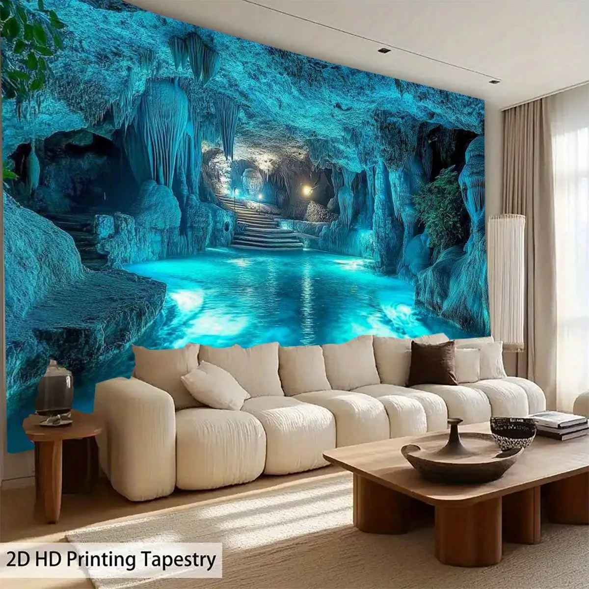 Stunning Blue Cave Underground Waterfall Digital Print Tapestry Wall Hanging Artwork for Modern Aesthetic Bedroom Home Decoratio