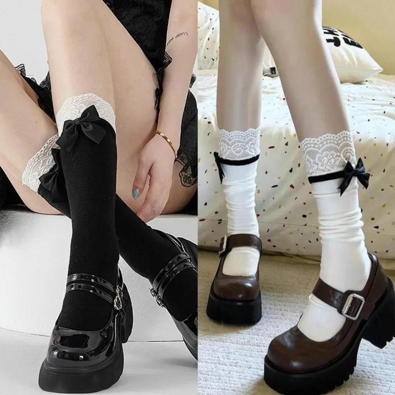 

White Black Bowknot Lace Calf Socks Lolita JK Stretch Cotton Mid Length Stockings Elegant Ribbon Piled Socks Party Daily Wear