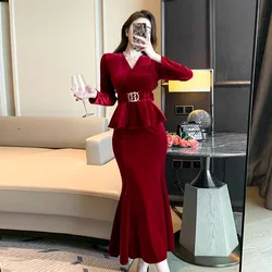 Winter Autumn Women's V-neck Luxury Velvet Slim Bodycon Party Fishtail Dresses With Belt