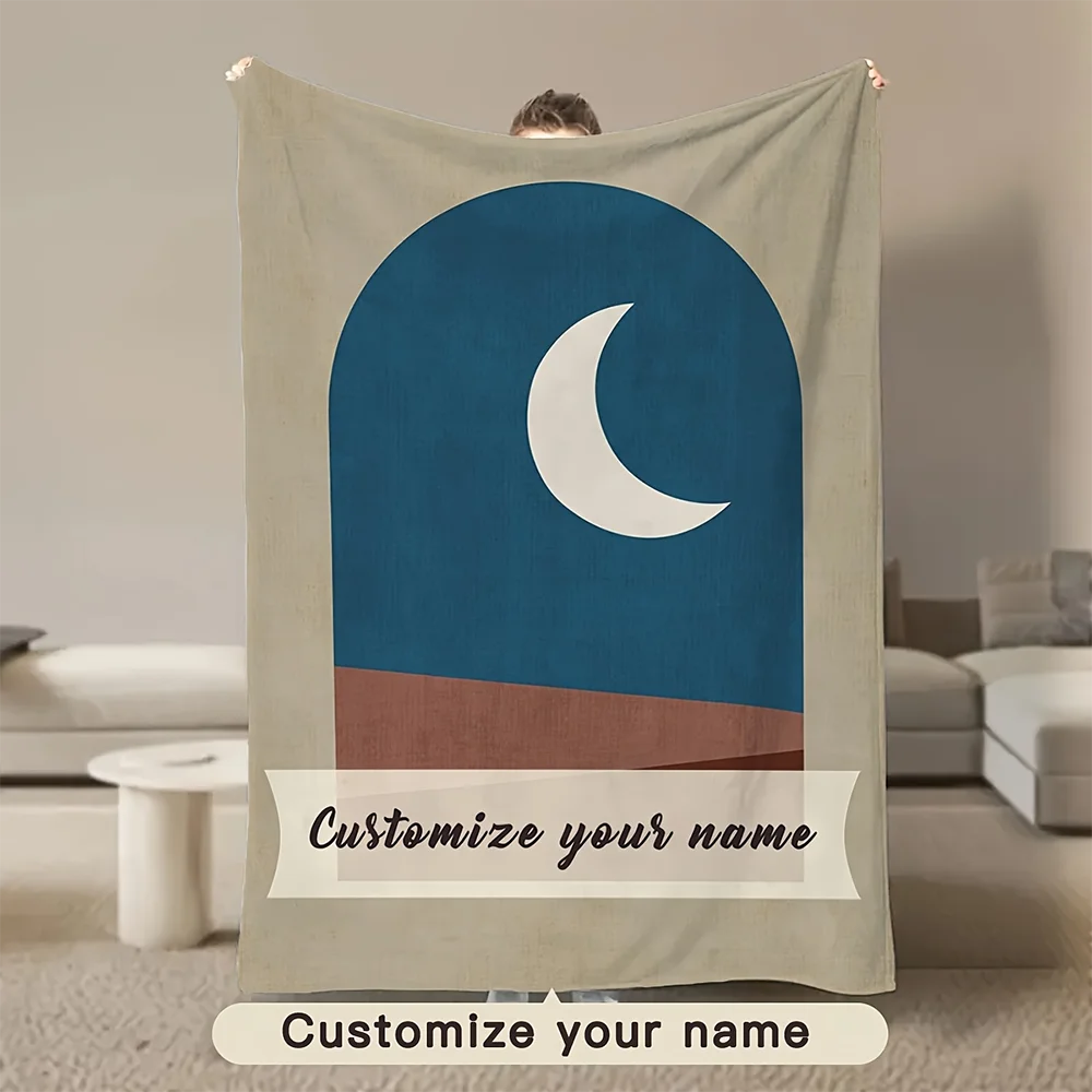 

1pc Custom Boho Moon Personalized Name Blanket, Soft Warm Customized Throw Blanket for Bedroom Living Room Dorm Decor Gift