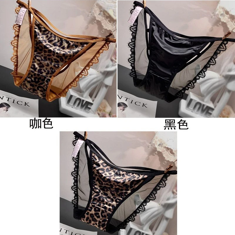 Sexy Leopard Print Cutout Lace Panties Women Underwear Bow Thin Silky Satin Briefs Girl Cotton Crotch Shorts Low Rise Lingerie