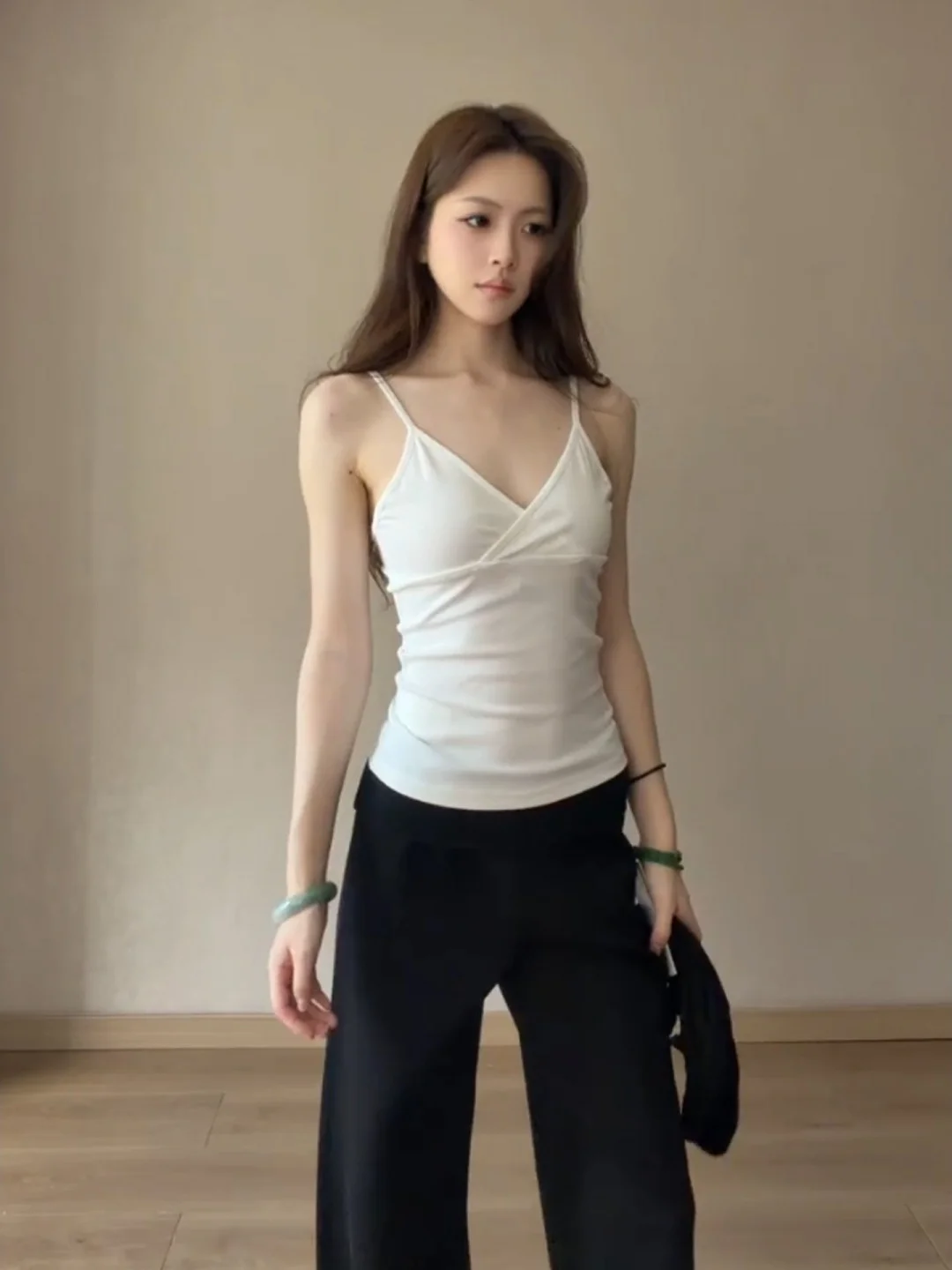 Korean Style Layered V-Neck Tank Top And Vest Two-Piece Set Basic Design Slimming Long Sleeve T-Shirt Women's Top