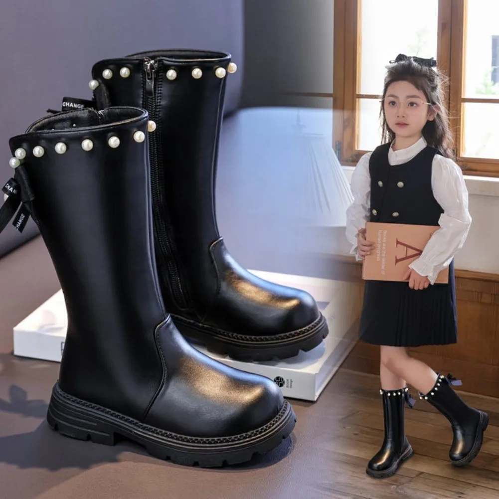 

Winter Kid's Platform Long Boots Classic Black Girls Sweet Princess Plush Boots Elegant Bowknot Non-slip Children Mid-calf Boots