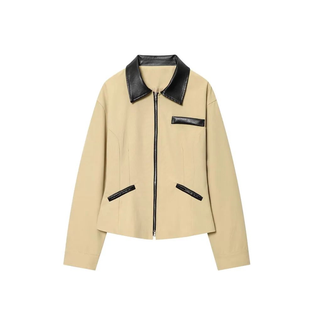 

Autumn New Women's Fashion Simple and Versatile Leather Collar Splicing Waist Jacket
