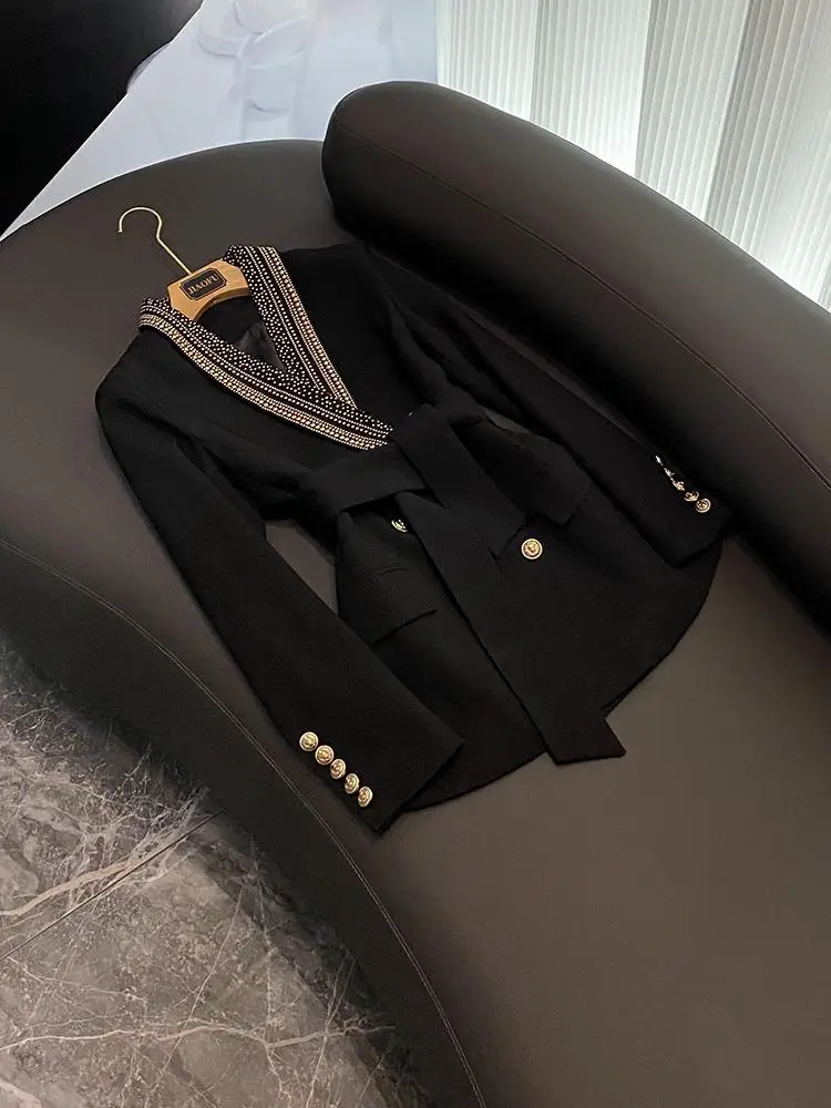 

Faionable Trendy Women's Bla Metal Le Embellied Belted Midi Length Suit Jaet Commute Sle Slim Fit Long Sve Coat