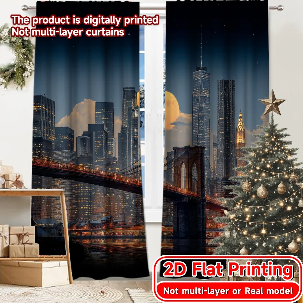 Impresión plana 2D, 2 uds., cortinas (sin varilla), vista del horizonte de la ciudad nocturna, vacaciones, tierras de abril es el día, máquina de cortinas impresas