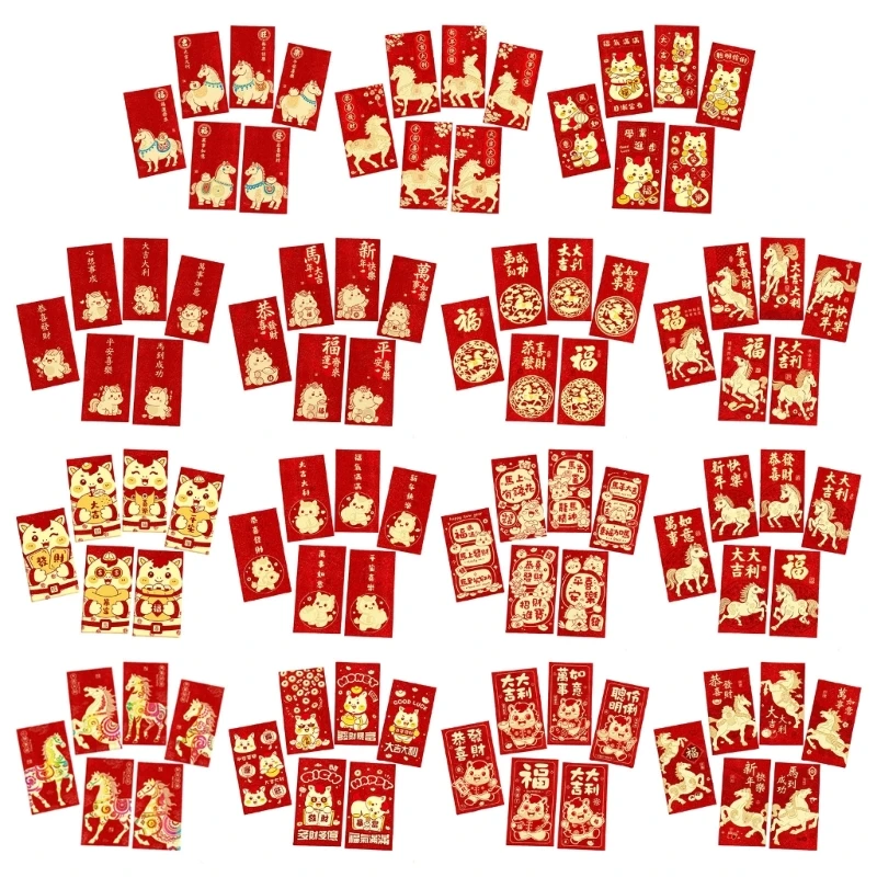 

6PCS Chinese New Year Cartoon Horse Red Packets Frosted Paper Money Holders