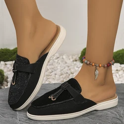 New Casual Flat Bottom Lock Tassel Loafers Fashion Women Single Shoes Brand Metal Buckle Slipper Mules Comfortable Slip on Shoes