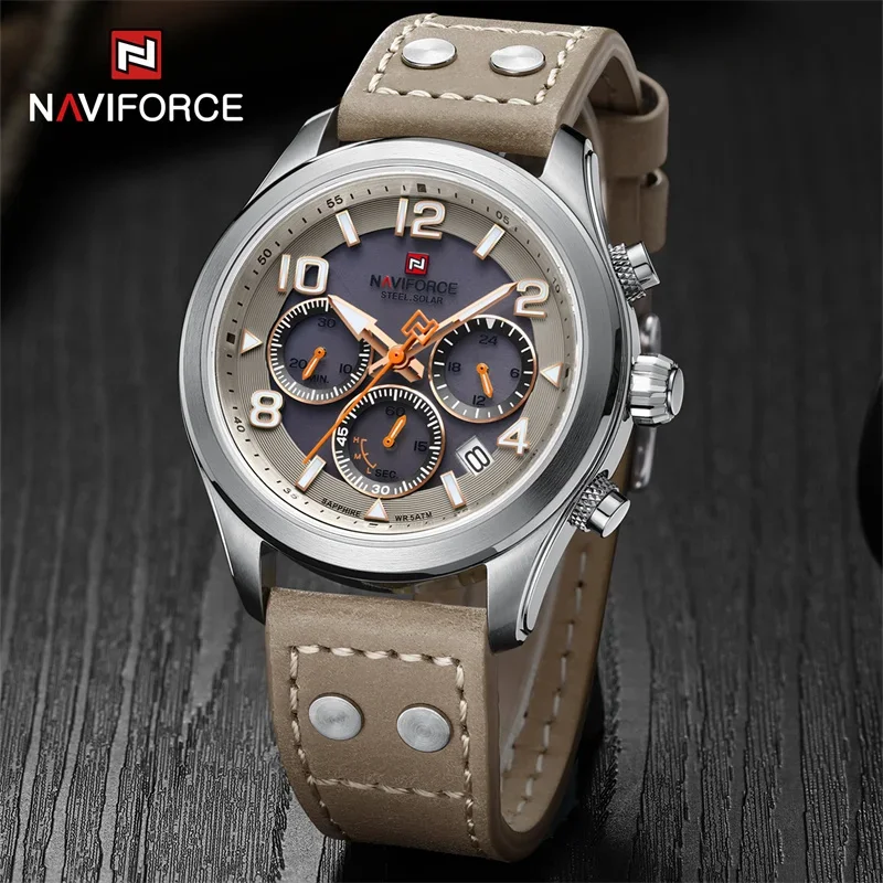 

NAVIFORCE Brand Casual Sport Men's Quartz Watches Eco-Drive Movement Genuine Leather Strap Waterproof Luminous Wristwatches 2023