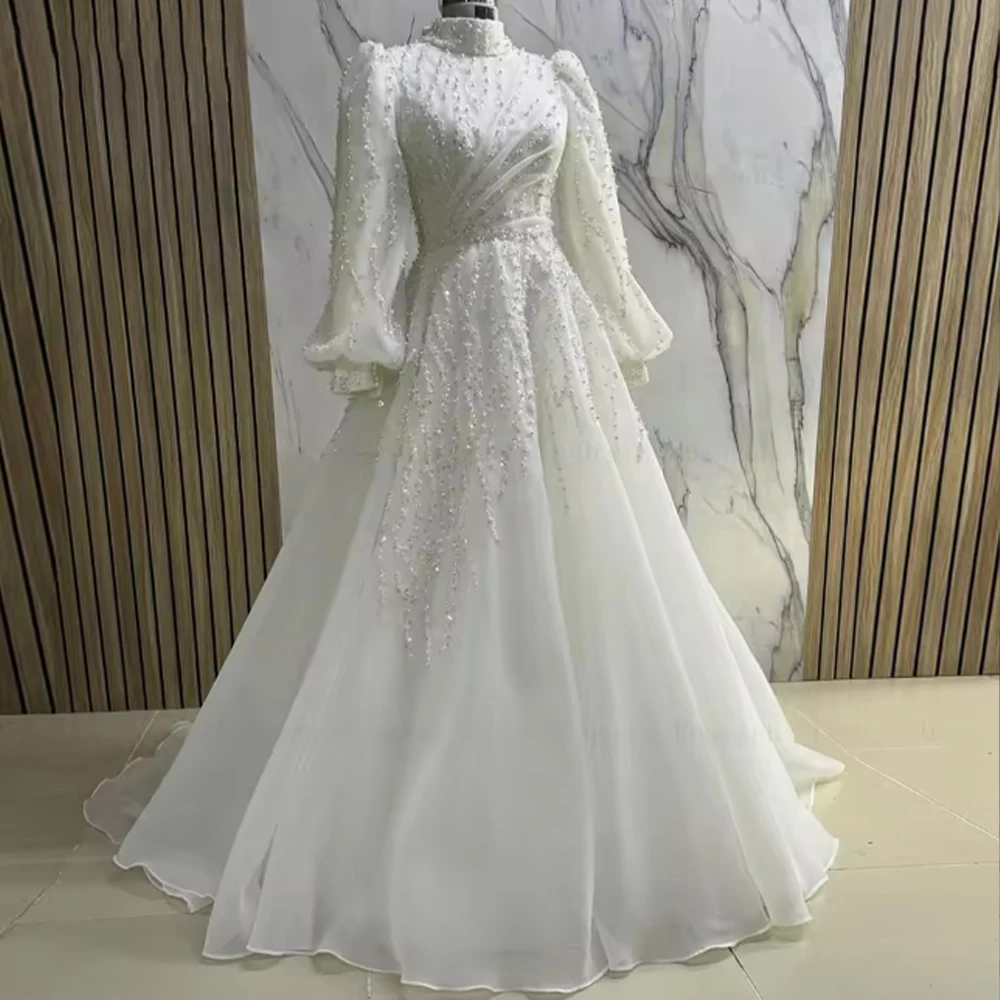 

Muslim Wedding Dresses Fashion A-line Long Puff Sleeve Bride Dress with Draped Pleat Paillette Pearls Bridal Gown Customized