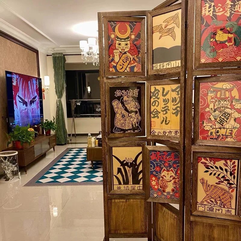 

Retro screen partition solid wood medieval small living room occlusion movable rotating photo frame folding entrance decorative
