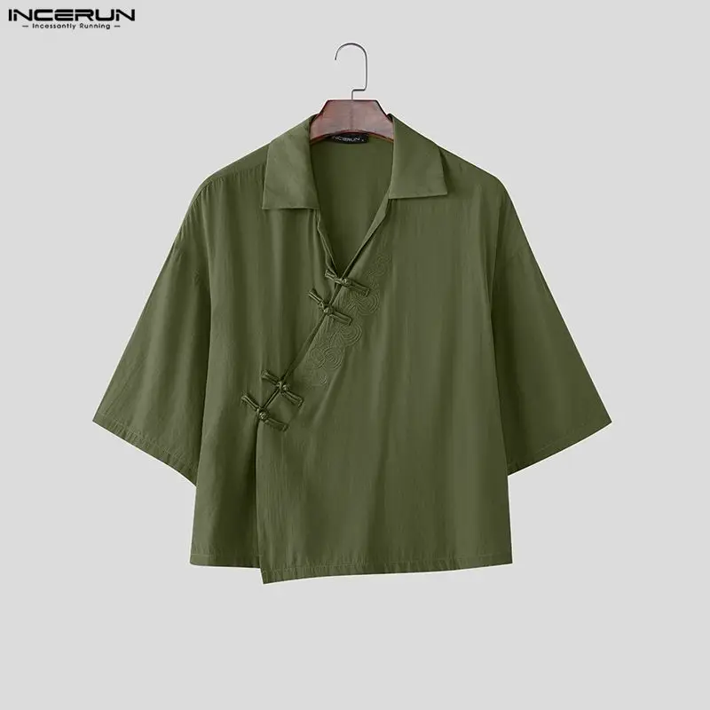 Chemise Homme INCERUN Unie Vintage Broderie Col Revers Manches Courtes Décontractée Vêtements Homme Hauts d'Été Streetwear 2026 Chemises pour Homme