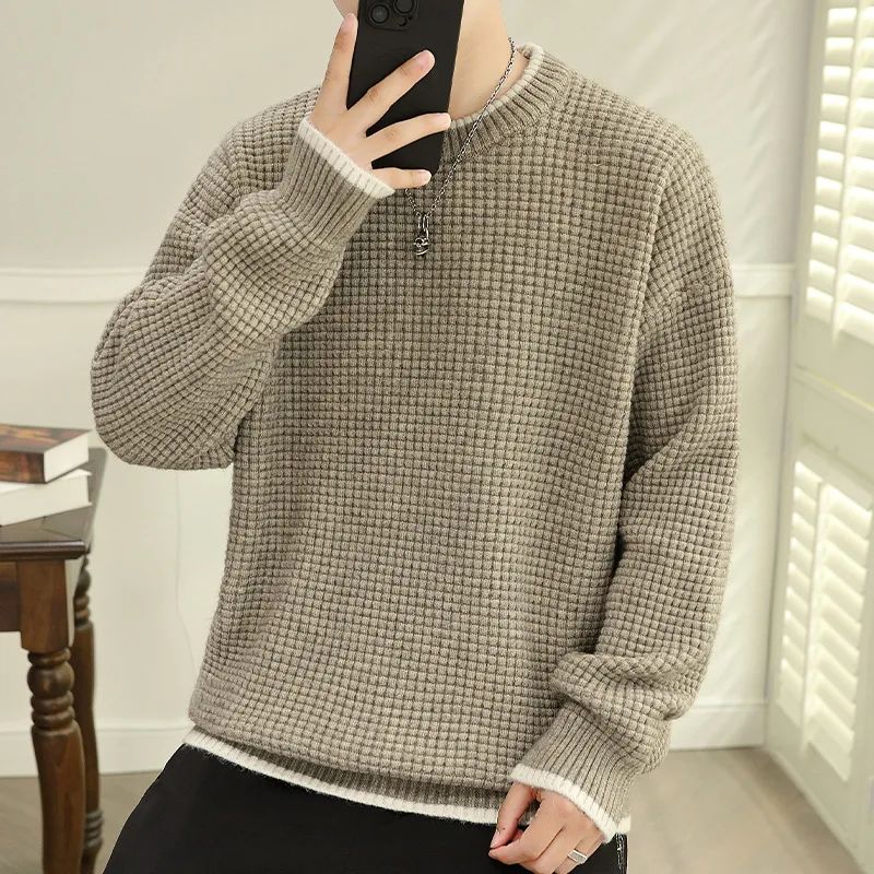 Men's Spring Autumn Round Neck Pullover Solid Screw Thread Long Sleeve Sweater Knitted Casual Office Lady Undershirt Tops