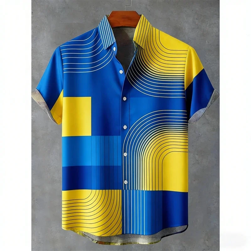Men's Blue Yellow Color Block Geometric Curve Line Print Short Sleeve Lapel Shirt Modern Street Casual Top