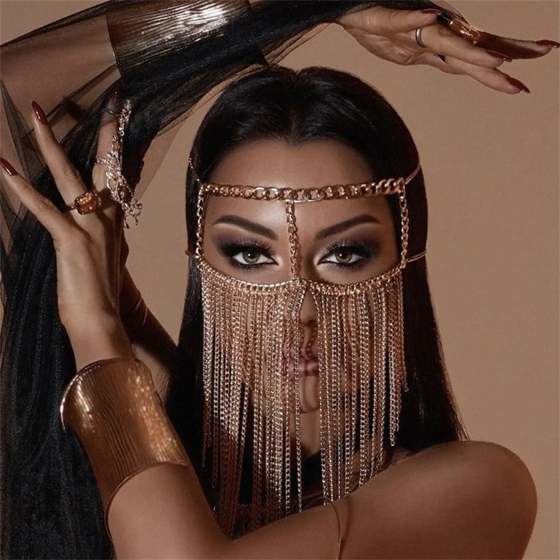 Frauen Bauchtanz 2025, neue Ankunft, Gesichtsmaske, Y2K-Zubehör, glänzende Metallquaste, elegante Party, Festival, Club, Halloween, Großhandel – Detail 1