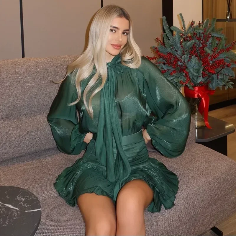 Autumn Women's Skirt Two Piece Set Bow High Waisted Chiffon Drawstring Dress Suit Ladies Sexy See Through Dress