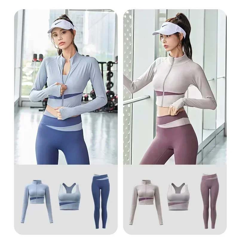 Women Yoga Patchwork 3 Piece Set Fitness Gym Coats+Bra+Leggings Workout Running Sportswear Clothing Tracksuit Ensemble Femme image 5
