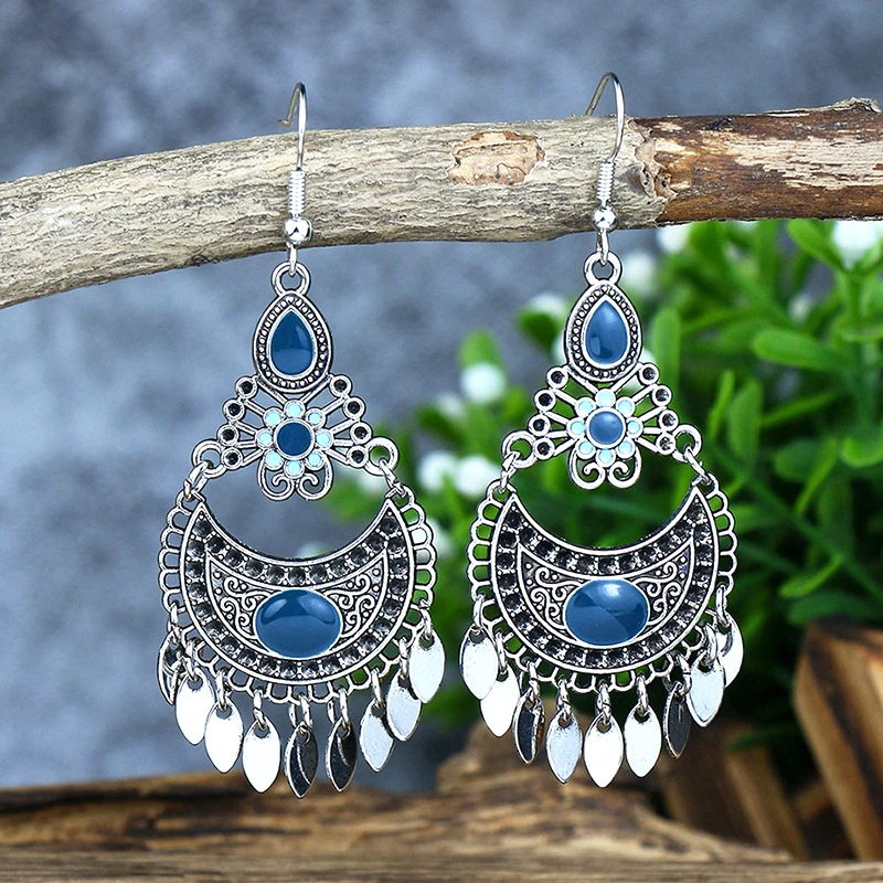 Ethnic Style Vintage Dangle Earrings for Women Boho Long Silver Color Carved Flower Metal Tassel Earring Female Jewelry Brincos