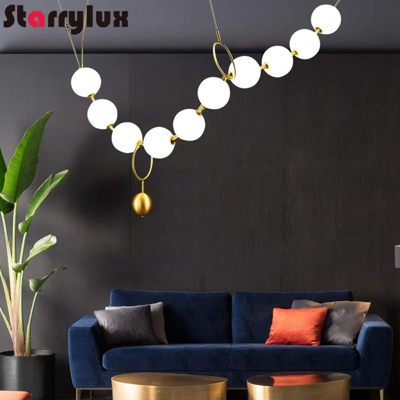French Pearl Chandelier Nordic Living Room LED Pendant Light Full Copper Dining Light Acrylic