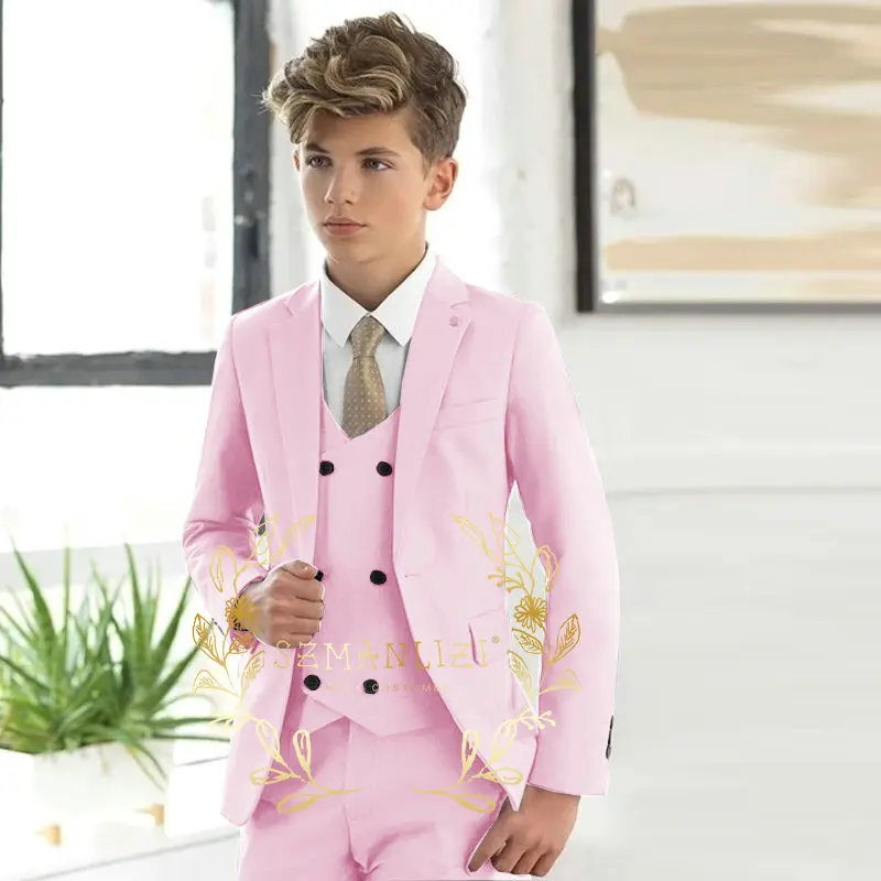 Formal Pink Boys Suit 3 Piece Party Wedding Tuxedo Child Jacket Pants Vest Notched Lapel Kids Costume 3-16 years old