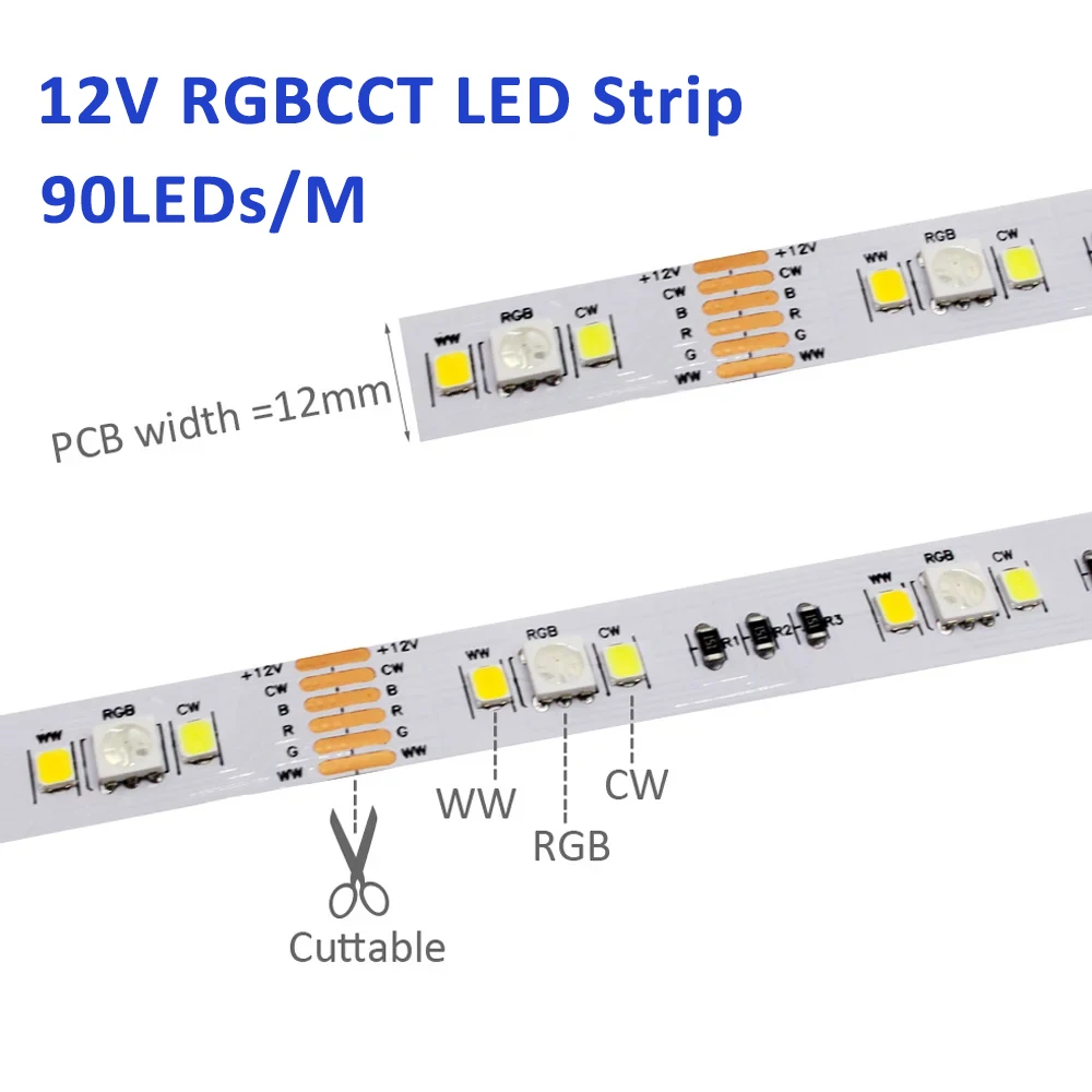 Tuya Wifi LED Controller 12V Smart Life 5in1 RGBCCT قطاع ضوء العمل مع Alexa Google Home WT5 RT5 RT10 90LEDs/M 2535 5050 IP67